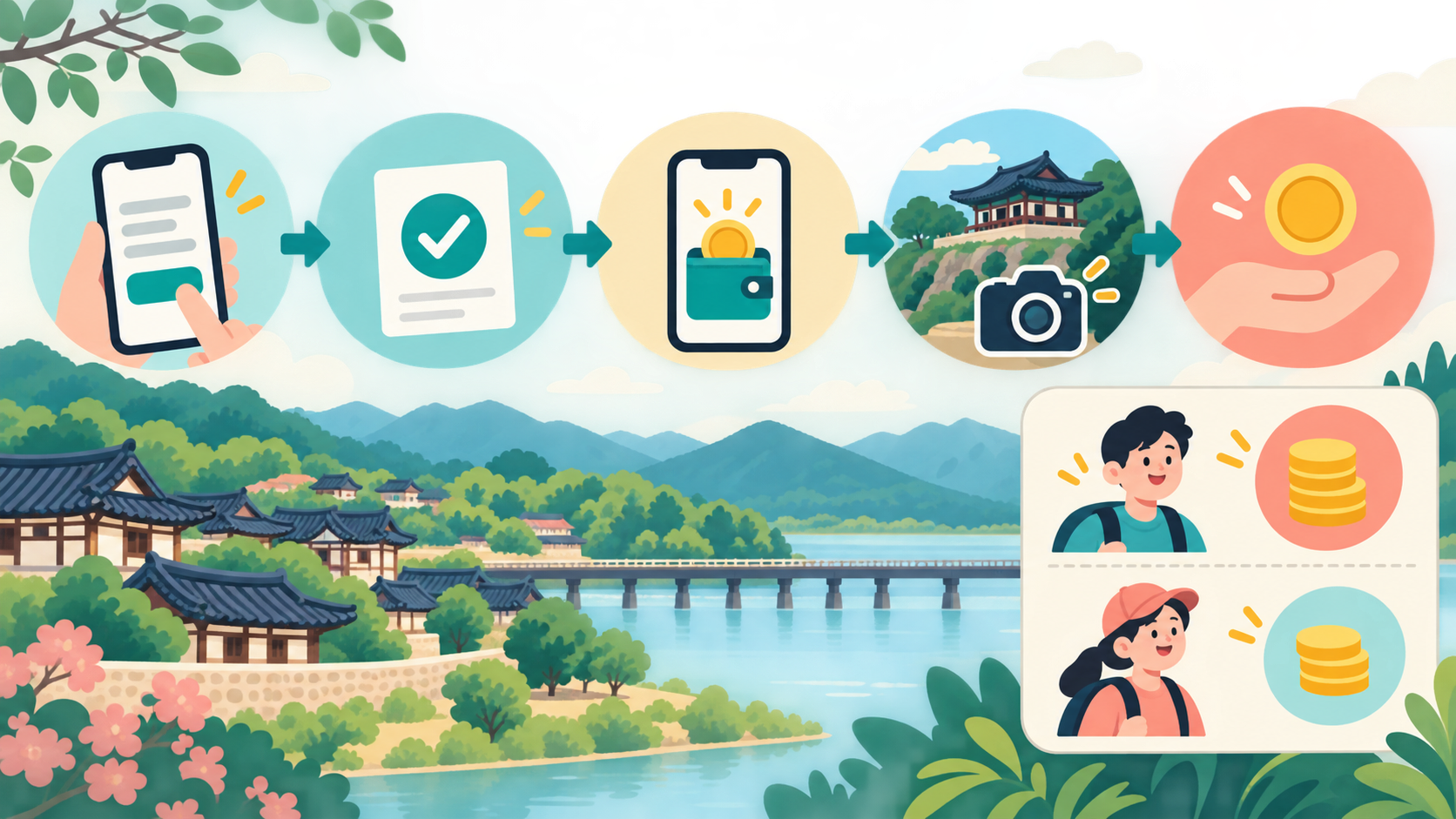 안동 반값여행 사전신청부터 CHAK 결제·관광지 방문·정산까지의 순서를 보여 주는 비브랜드 AI 도식