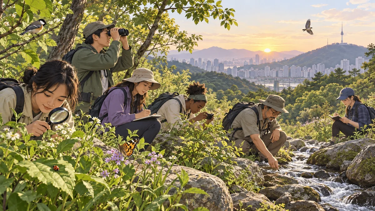 도심이 보이는 산 계곡에서 쌍안경과 돋보기로 동식물을 관찰하는 시민 탐사단 AI 일러스트