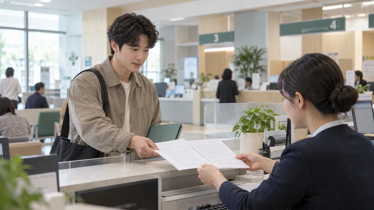 시군구 민원 창구에서 영업신고서와 사업자등록 신청서를 함께 제출하는 예비 창업자를 표현한 AI 이미지