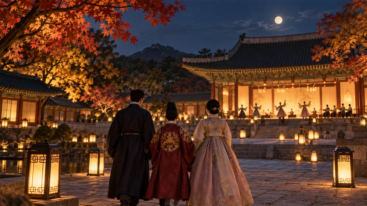 가을밤 궁궐 마당에서 전통 복식을 입은 부모와 두 가족이 궁중 공연을 바라보는 모습을 표현한 AI 이미지
