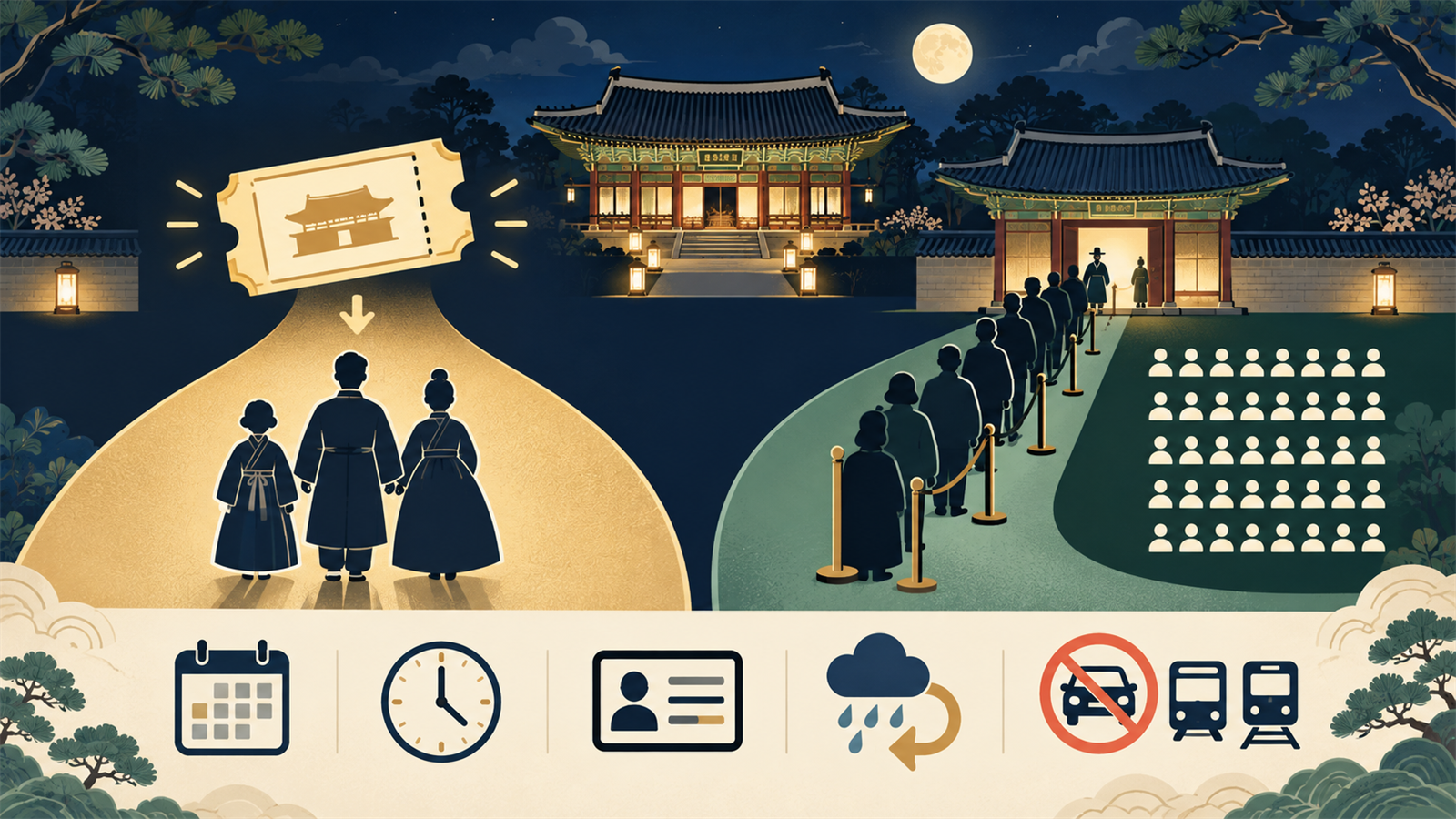 한 장의 유료 티켓으로 세 가족이 참여하는 경로와 일반 관람객 무료 공연 대기 경로, 달력·시계·신분증·우천·대중교통 확인 항목을 나눈 AI 도식