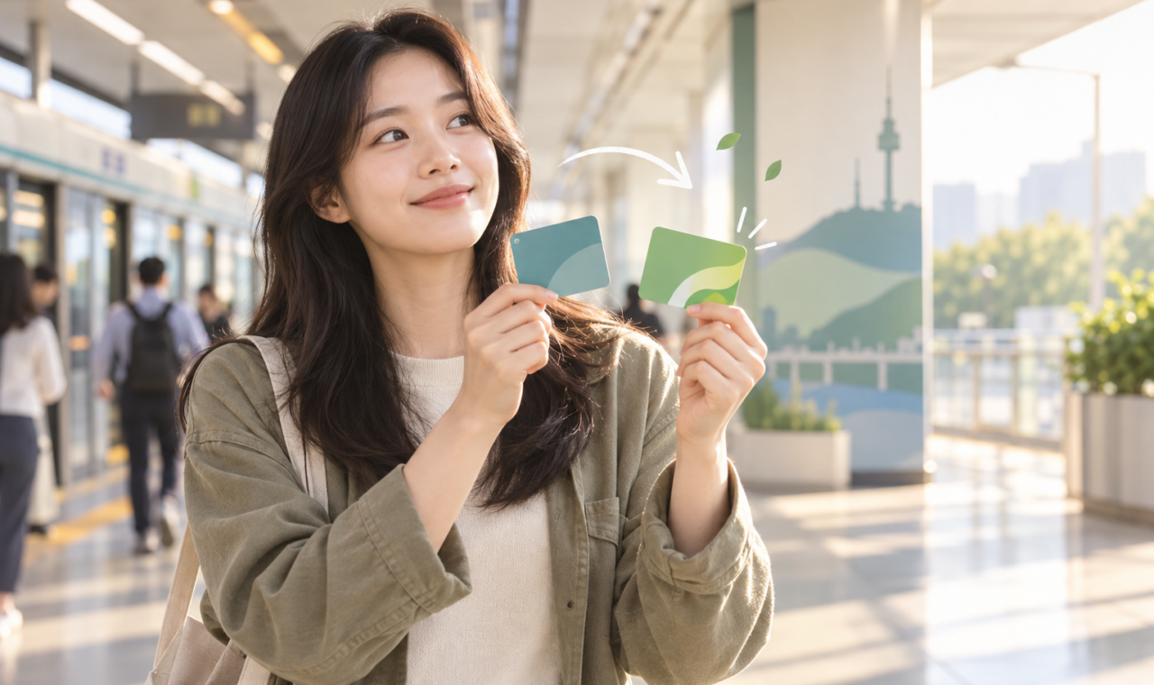 기존 기후동행카드와 새 기후동행패스 카드를 비교하는 서울 지하철 이용자