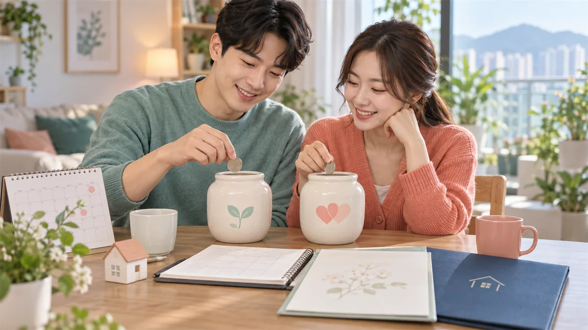 달성군 신혼부부가 두 개의 저금통과 달력을 앞에 두고 24개월 저축 계획을 세우는 AI 이미지