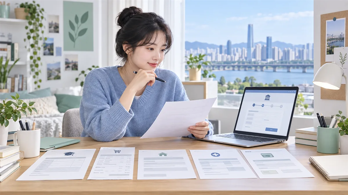 경기도 청년이 시험 응시확인서·결제영수증·거주·고용·통장 증빙을 준비해 온라인 환급 신청을 점검하는 비브랜드 AI 이미지