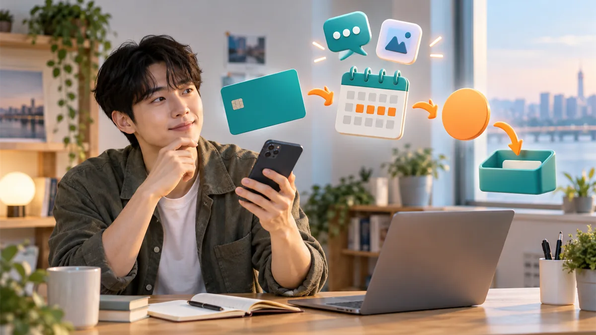 청년이 새 체크카드와 AI 구독, 자동결제 일정과 1회 캐시백 흐름을 비교하는 모습을 표현한 AI 이미지