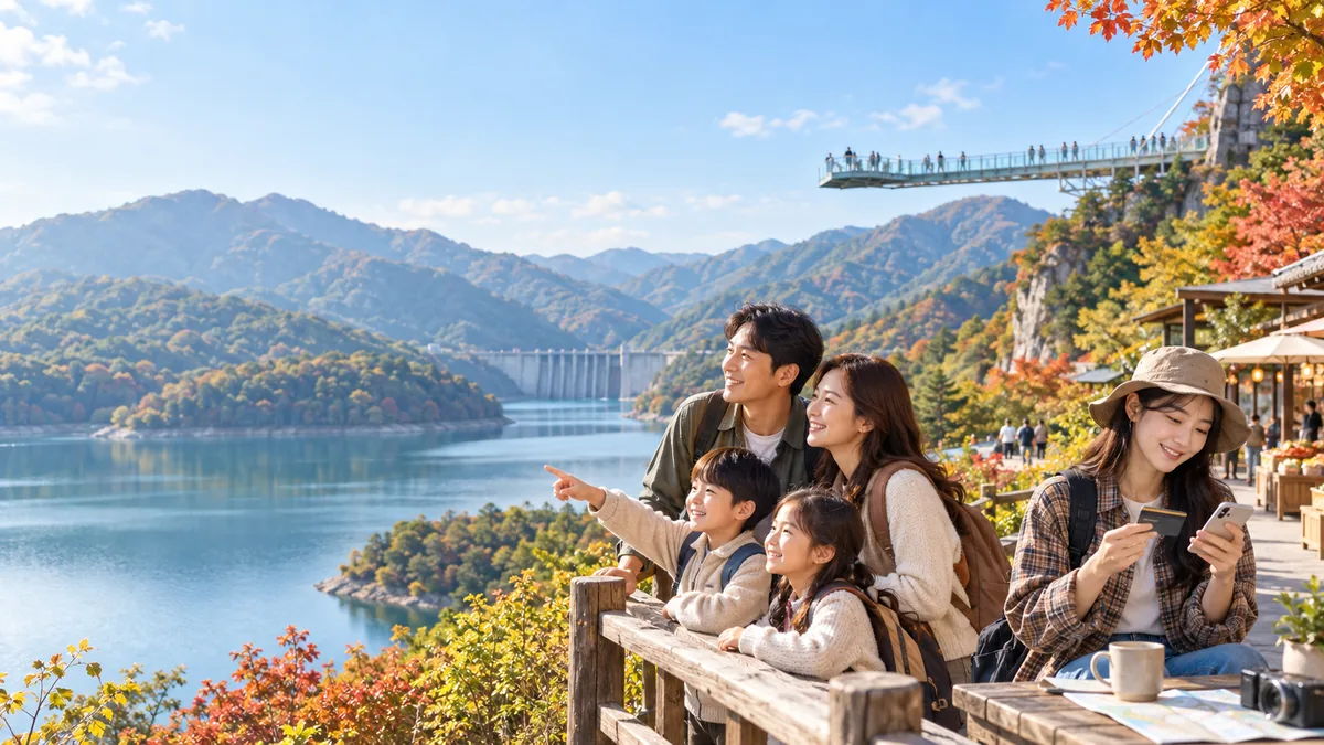 가을 화천의 호수와 산을 배경으로 여행하는 가족과 모바일 계획을 확인하는 청년을 표현한 AI 이미지