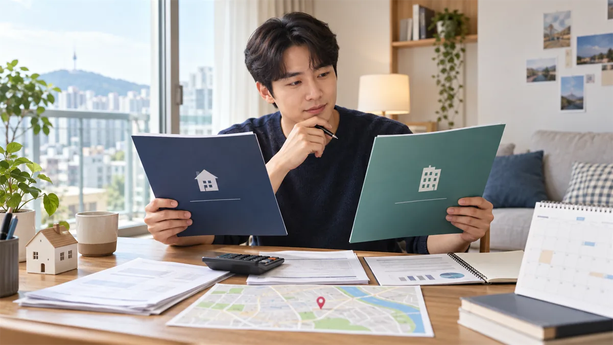 제천 청년이 주택구입자금과 전세보증금 대출서류를 비교하며 이자지원 조건을 확인하는 AI 이미지