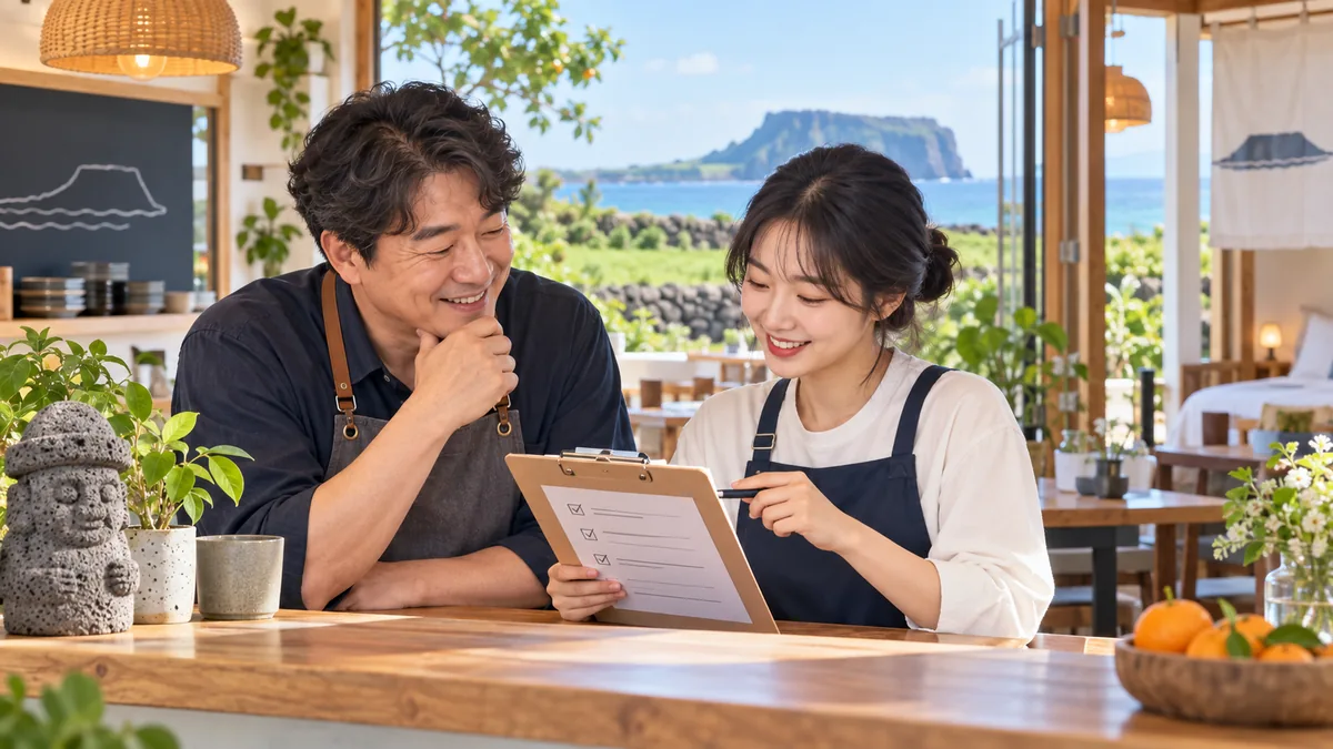 바다가 보이는 제주 음식점에서 사장과 청년 직원이 체크리스트를 함께 보는 AI 일러스트
