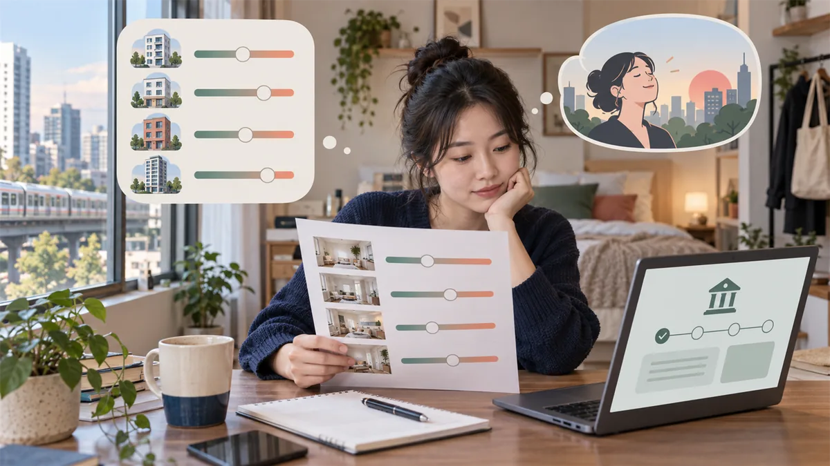 청년 임차인이 네 가지 보증금 비율과 월세, 은행 대출 확인을 함께 비교하는 모습을 표현한 비브랜드 AI 이미지