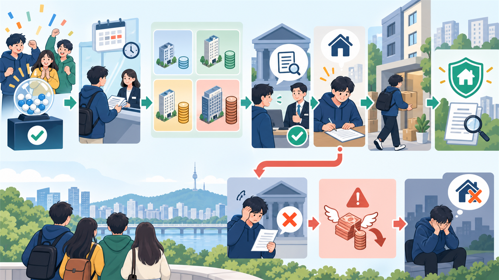 리스트강남 결과 확인 뒤 서류 준비, 은행 대출 사전확인, 계약서와 등기 점검, 입주 및 전입신고로 이어지는 안전 확인 흐름을 표현한 비브랜드 AI 이미지