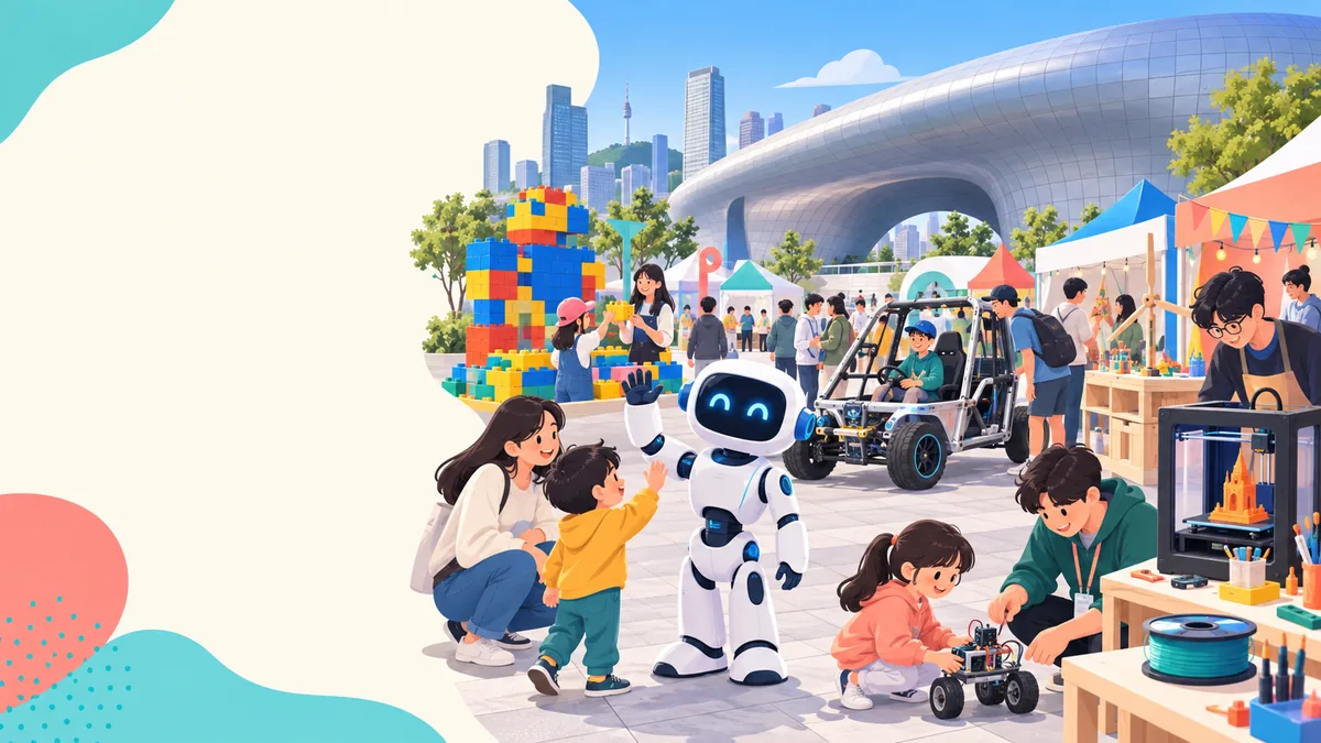 DDP 앞 광장에서 로봇·3D 프린터·전동카트를 체험하는 메이커 페어 관람객 AI 일러스트