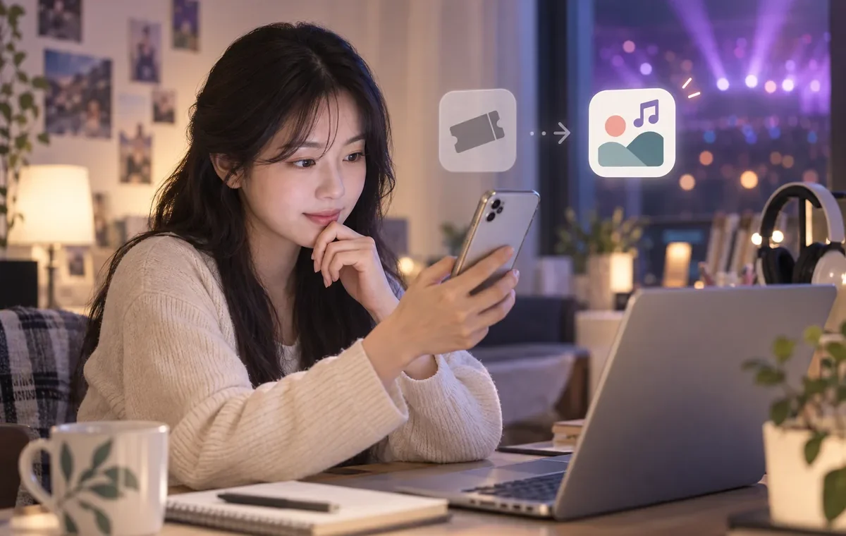 휴대전화에서 기존 티켓 서비스가 통합 플랫폼으로 바뀐 것을 확인하는 공연 관람객