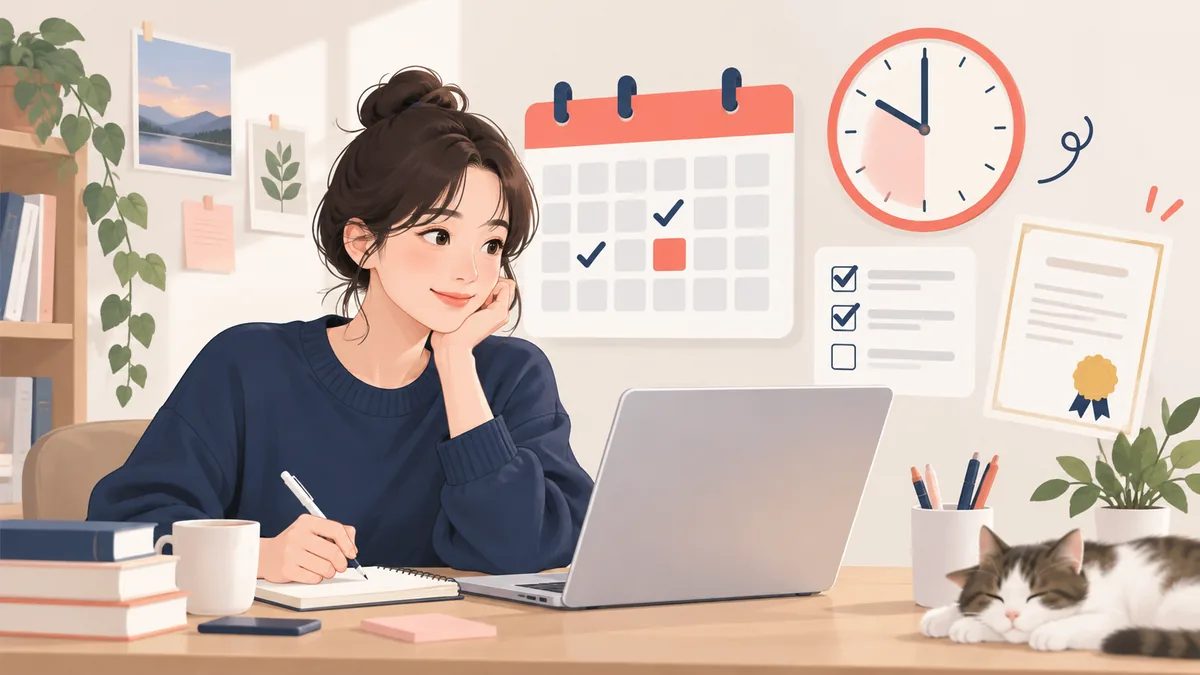 큐넷 기능사 4회 빈자리접수 종료와 필기시험 일정을 확인하는 수험생을 표현한 비브랜드 AI 일러스트