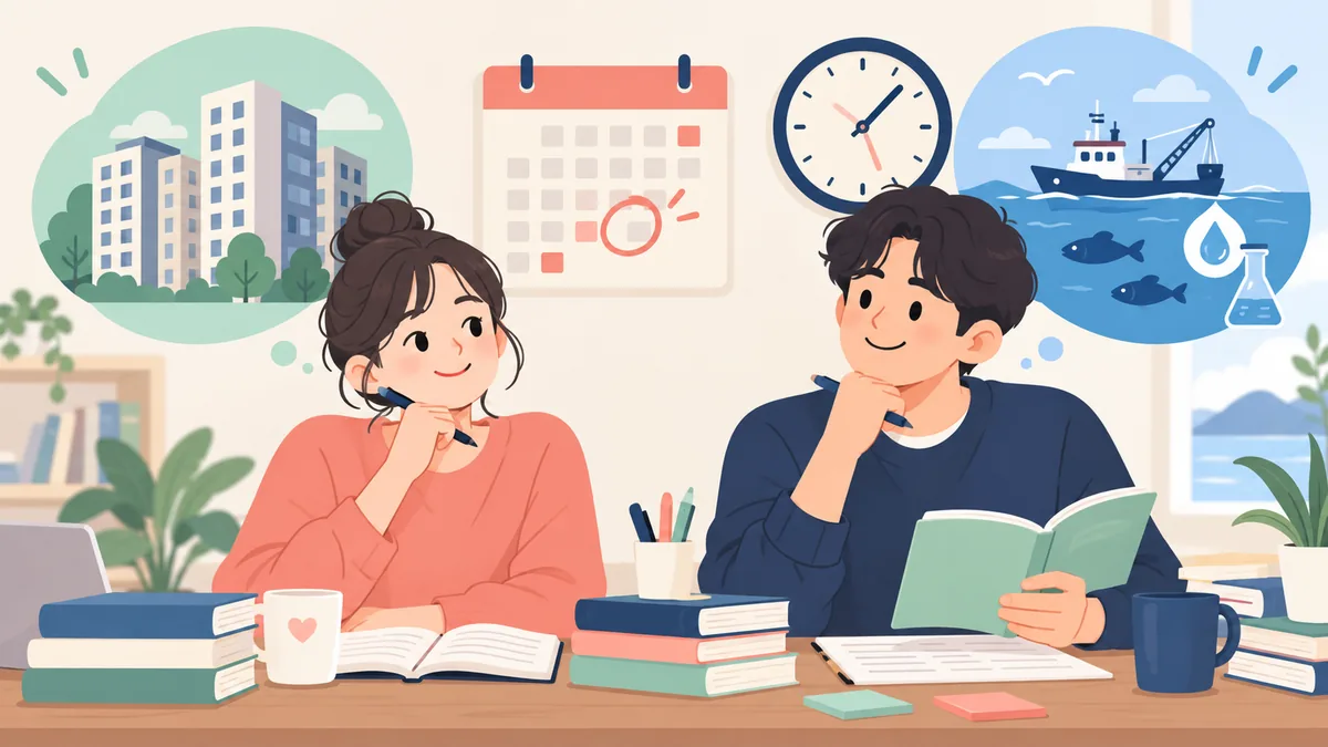 주택관리사보와 수산물품질관리사 2차 빈자리접수 종료와 9월 19일 시험 일정을 비교하는 수험생을 표현한 비브랜드 AI 일러스트