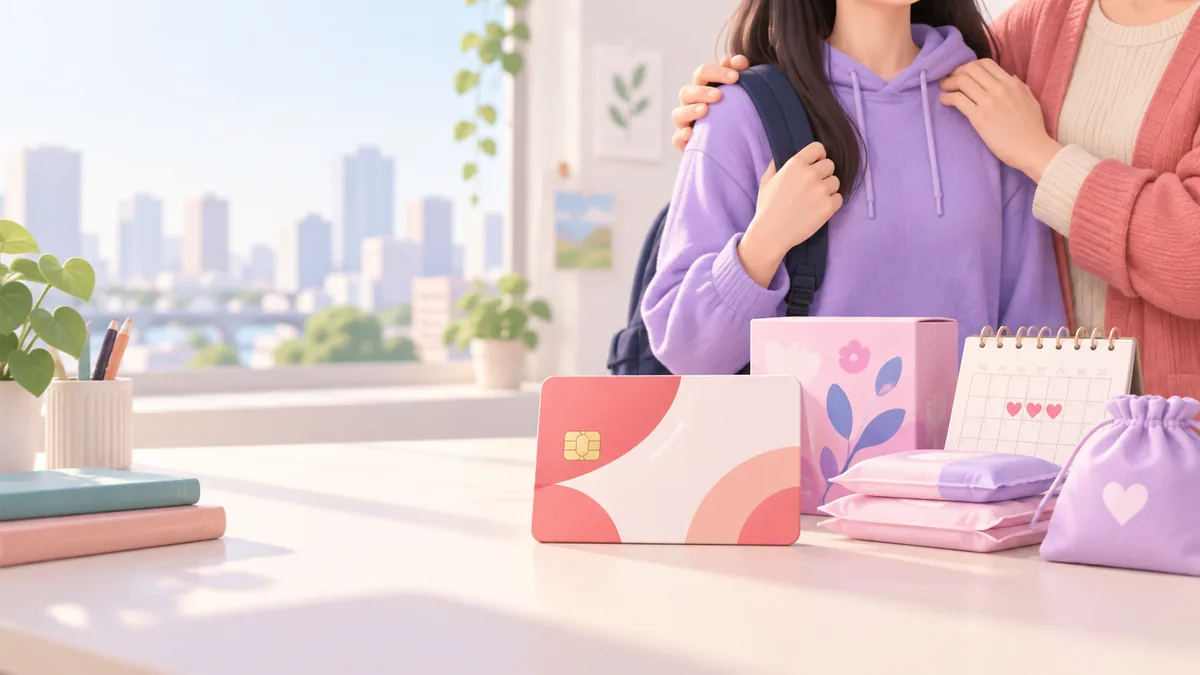책상 위 분홍색 카드와 생리용품 상자, 달력 옆에 선 청소년과 보호자를 표현한 AI 일러스트