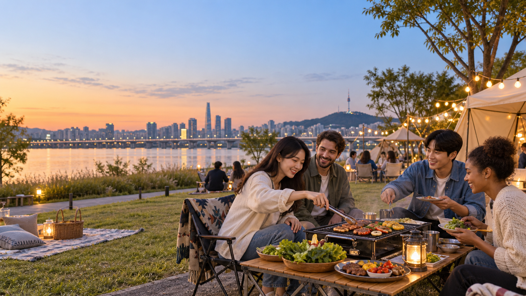난지캠핑장에서 시민들이 야외 바비큐와 피크닉을 즐기는 비브랜드 AI 일러스트