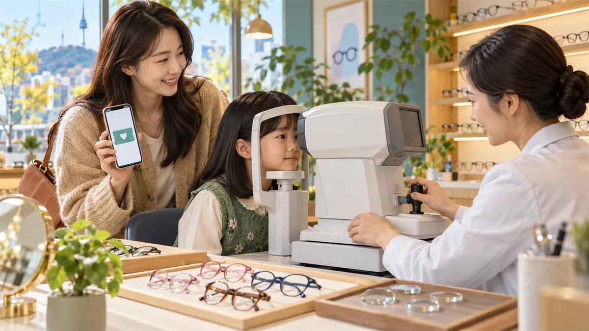 서울의 안경점에서 부모가 모바일 할인쿠폰을 준비하고 어린이가 시력검사를 받는 모습을 표현한 비브랜드 AI 이미지
