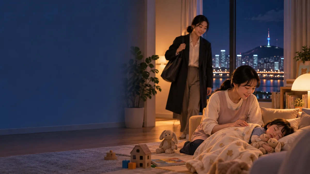 서울의 야경이 보이는 집에서 심야근무를 마치고 돌아온 보호자와 잠든 아이를 돌보는 돌봄인력을 표현한 AI 이미지