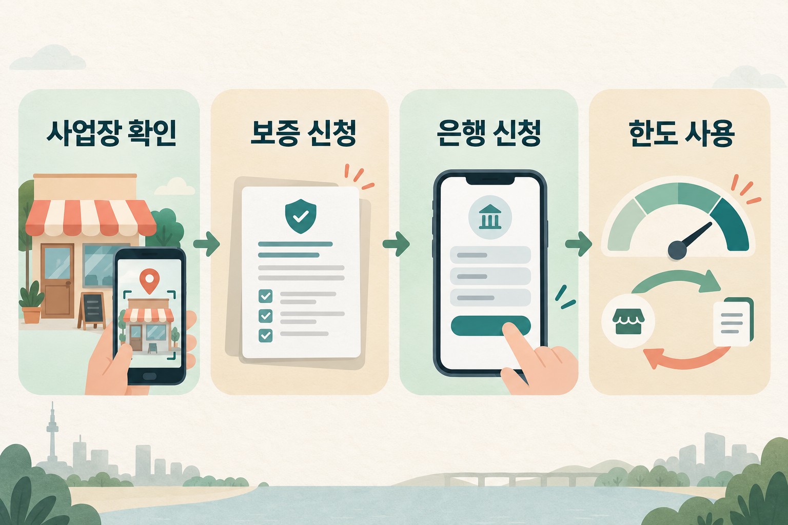 사업장 확인, 보증 신청, 은행 신청, 한도 사용을 보여주는 안심통장 네 단계 도식
