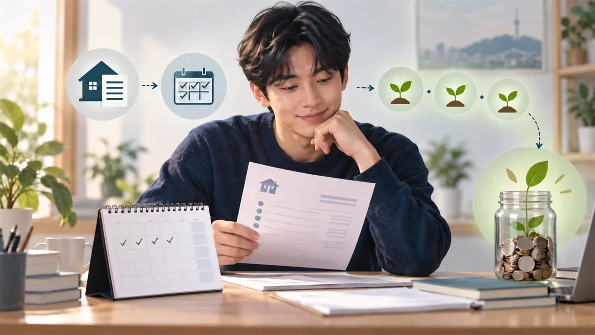 청년 대출자가 원리금 상환 달력과 별도의 분기별 자산형성 지원을 구분해 확인하는 모습을 표현한 비브랜드 AI 이미지