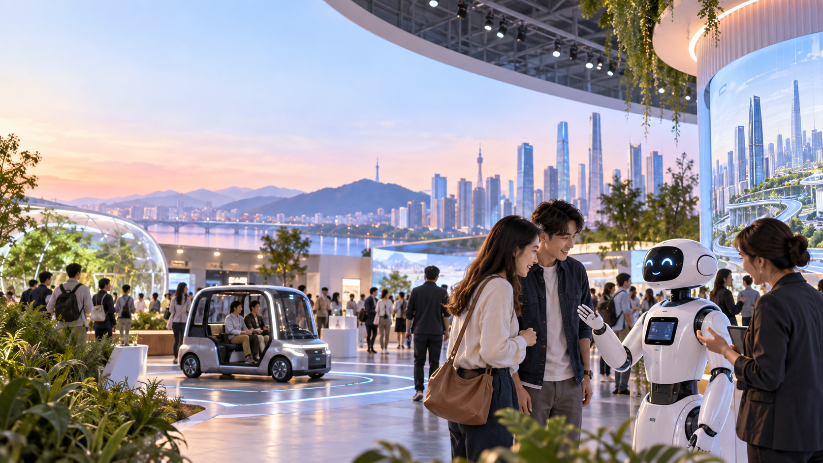 코엑스에서 시민이 미래도시 쇼룸과 로봇 체험을 둘러보는 비브랜드 AI 일러스트