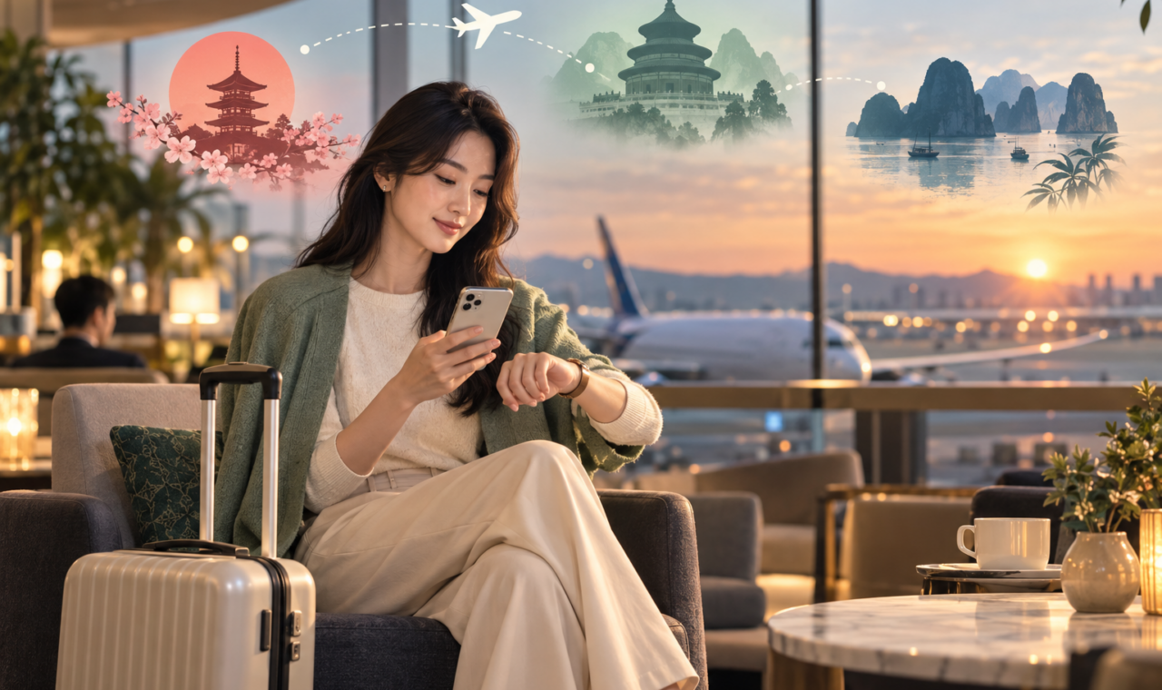 공항 라운지에서 휴대전화와 시계를 확인하며 항공권 특가 시작을 준비하는 여행자