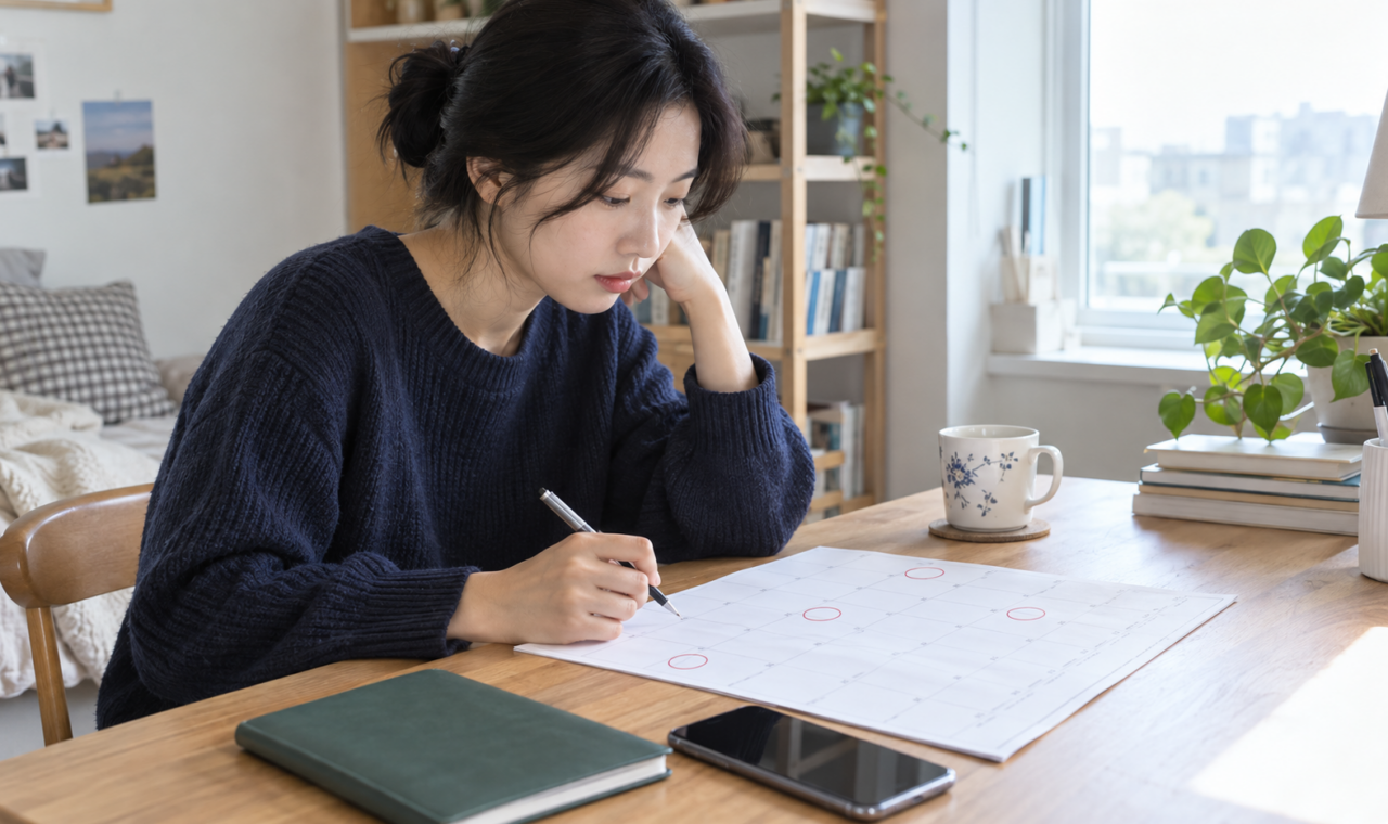 청년이 달력의 일정을 살펴보며 저축 계획을 정리하는 장면